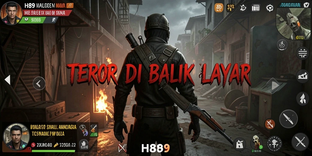 Screenshot H89 menunjukkan momen tegang dengan makhluk menyeramkan yang mengintai.