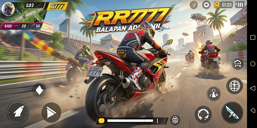 Screenshot dari gameplay balapan motor yang intens dan menarik.
